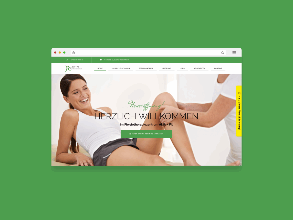 Auf dem Bild ist ein Webseiten-Mockup zu sehen von der Webseite http://aktivfitphysio.de.