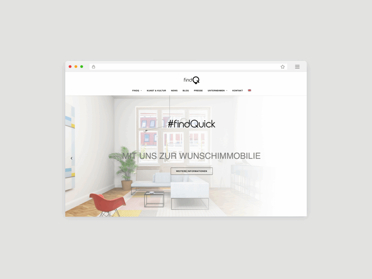 Auf dem Bild ist die Startseite von der Webseite findq.de zu sehen. Auf dem Mockup sieht man ein urbanes und modernes Wohnzimmer in Berlin. Der Hintergrund ist grau.